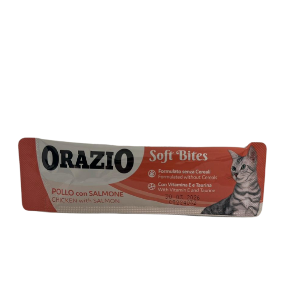 foto del prodotto orazio soft bites snack per gatti 10 gr scadenza 30 03 2026 - pollo e salmone - 1 ordine scegli lo sconto bzr5 bzr20 200 punti fedeltà
