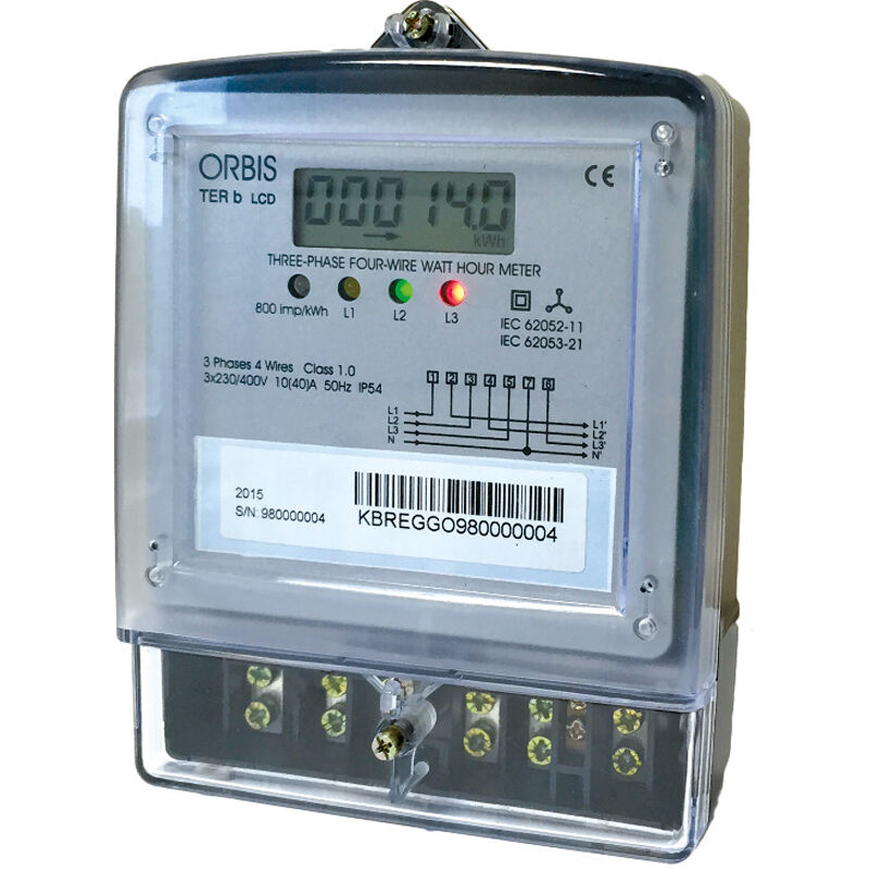 foto del prodotto orbis ter b lcd contatore trifase energia attiva, da parete, 60a, inserzione diretta, display digitale, lampeggio led 1.25wh imp