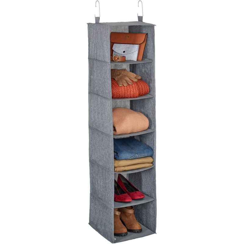 foto del prodotto organizer armadio da appendere salvaspazio, 6 ripiani, 131 x 30 x 30 cm, inserto porta vestiti interno, grigio - relaxdays