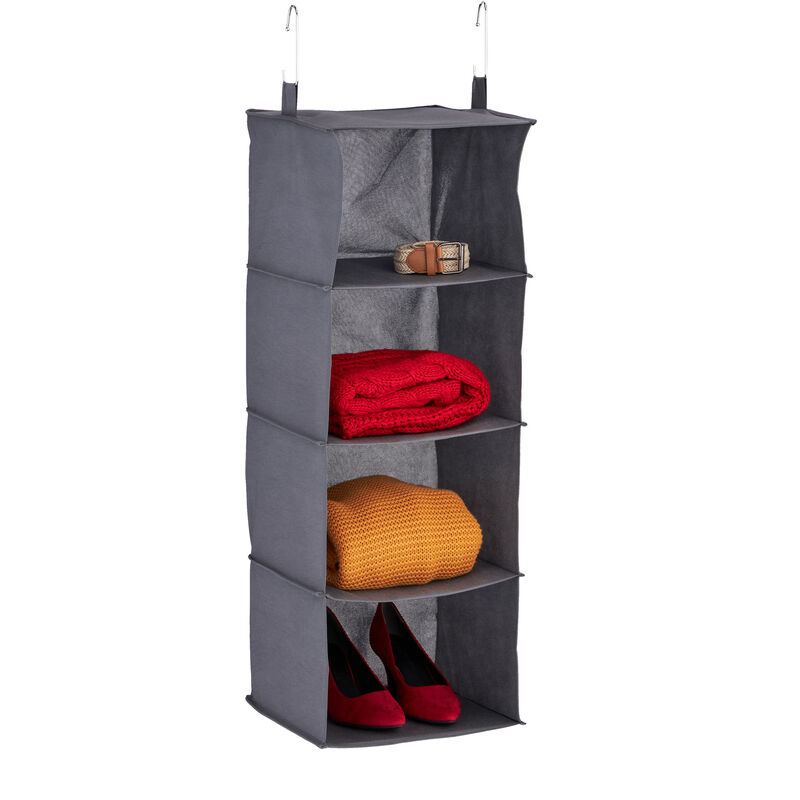 foto del prodotto organizer da armadio, 4 ripiani, hlp 97x30x30 cm, divisore in stoffa, 2 ganci da appendere, guardaroba, grigio relaxdays
