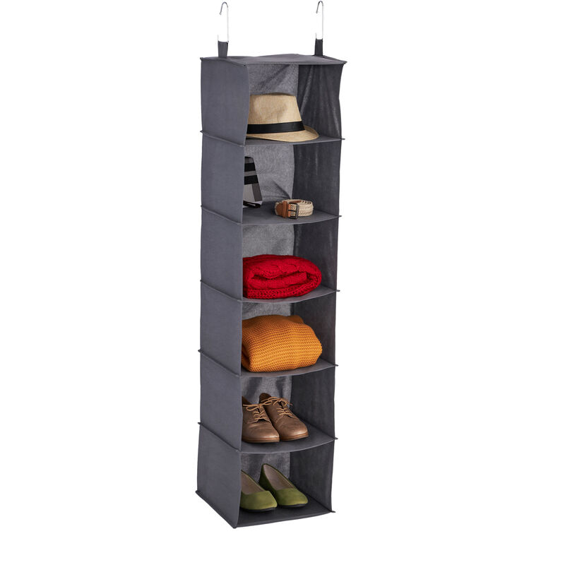 foto del prodotto organizer da armadio, 6 ripiani, 139x30x30 cm, divisore in stoffa, 2 ganci da appendere, guardaroba, grigio relaxdays