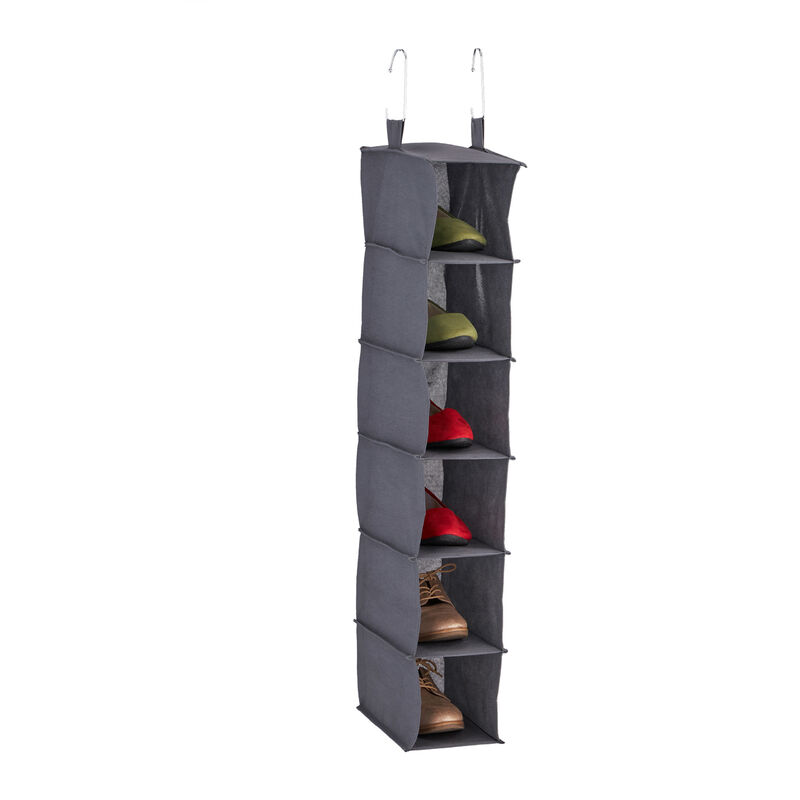 foto del prodotto organizer da armadio, 6 ripiani, hlp 99x15x30 cm, divisore portascarpe in stoffa, 2 ganci da appendere, grigio relaxdays