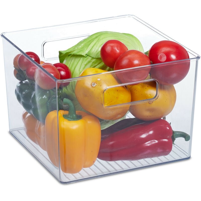 foto del prodotto organizer da frigorifero, contenitore da cucina, box per alimenti, hlp 15,5x21x21 cm, con manici, trasparente - relaxdays