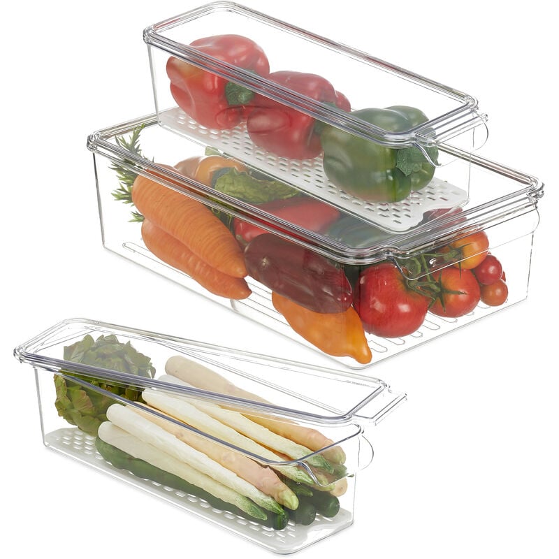 foto del prodotto organizer da frigorifero, in set da 3, contenitore da cucina con coperchio, 2 grandezze, trasparente bianco - relaxdays
