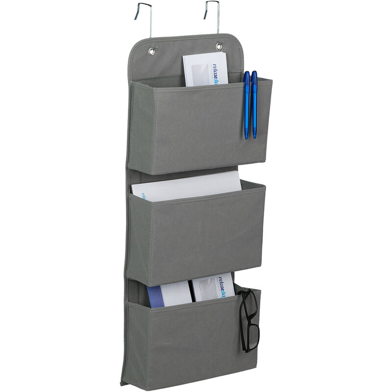 foto del prodotto organizer da parete, 3 scomparti, per porta e muro, portaoggetti con ganci da appendere, 75x31x10 cm, grigio relaxdays