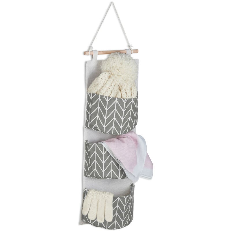 foto del prodotto organizer da parete, hxl 74x20 cm, 3 tasche in cotone portaoggetti da appendere al muro, bagno, crema grigio relaxdays