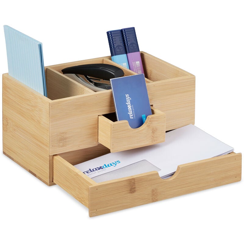 foto del prodotto organizer da scrivania, 2 cassetti, 3 scomparti, in bamb , 12x24x14,5 cm, organizzatore per ufficio, naturale relaxdays