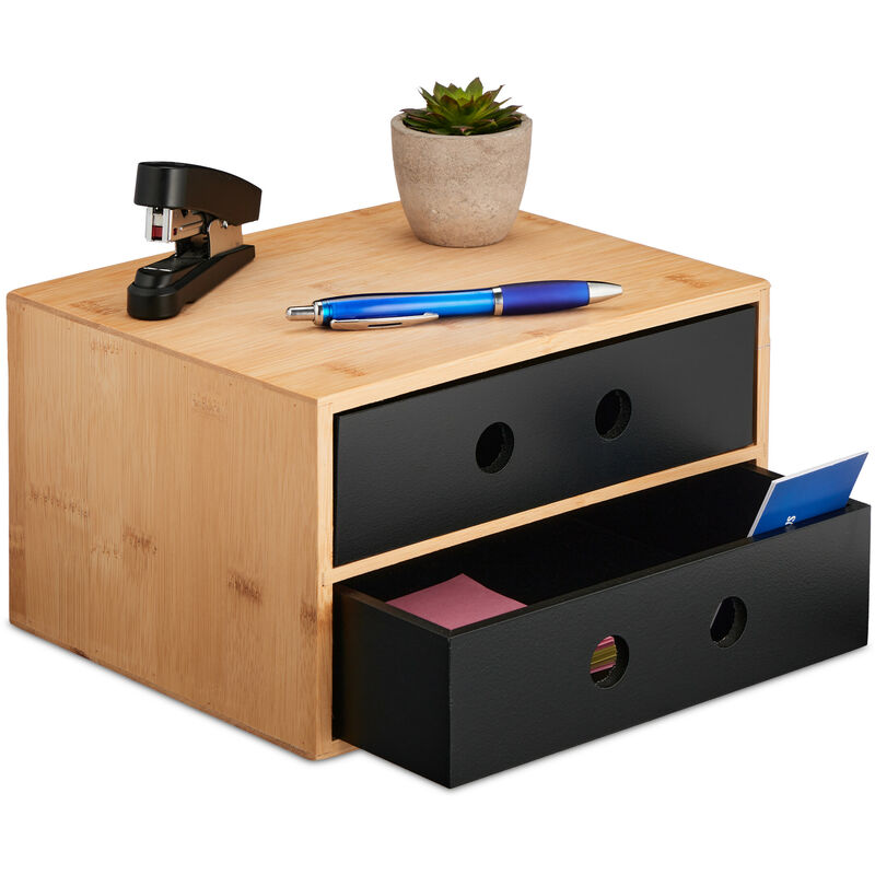 foto del prodotto organizer da scrivania , 2 cassetti, bamb e mdf, hlp 15x25x20 cm, portapenne tavolo ufficio, naturale nero relaxdays
