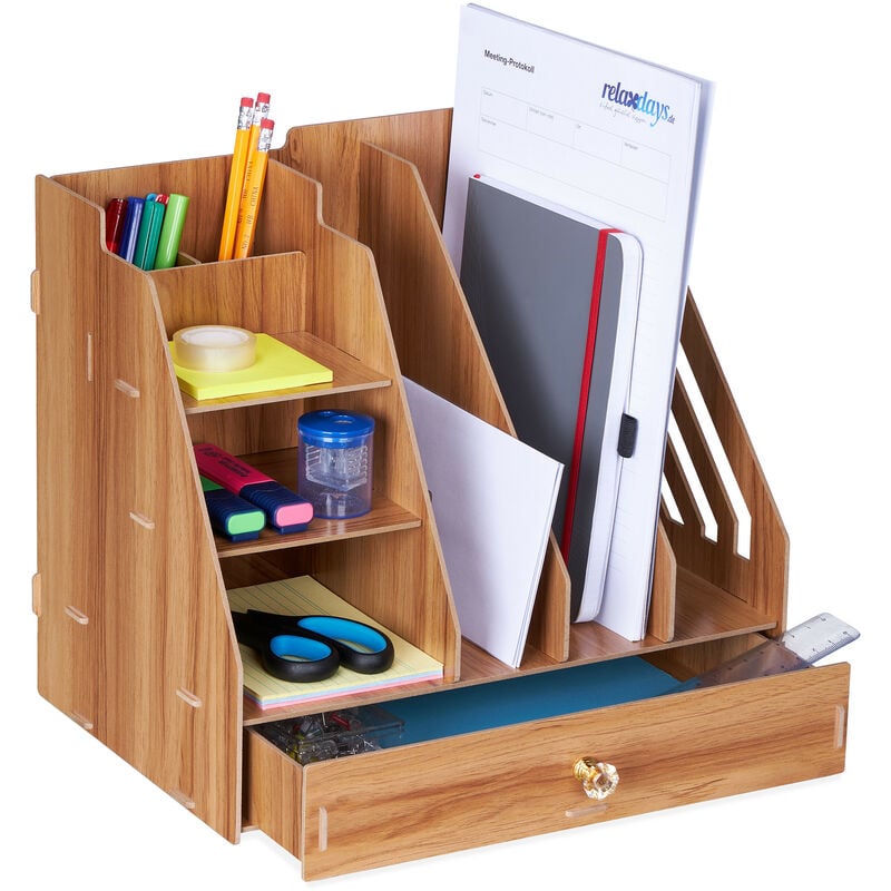 foto del prodotto organizer da scrivania, 3 cassetti, 3 ripiani, 2 portapenne, 1 cassetto, ufficio e scuola, diy, mdf, marrone relaxdays
