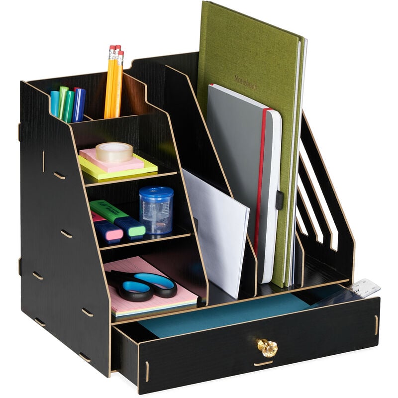 foto del prodotto organizer da scrivania, 3 cassetti, 3 ripiani, 2 portapenne, 1 cassetto, ufficio e scuola, diy, mdf, nero relaxdays