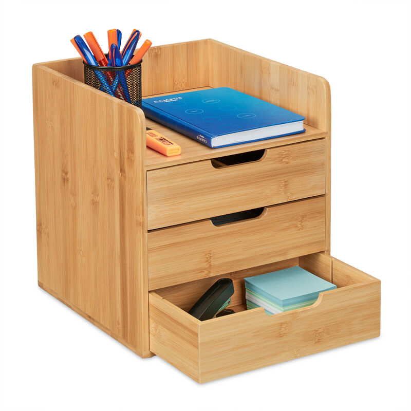 foto del prodotto organizer da scrivania, 3 cassetti portaoggetti, per cancelleria ufficio, bamb , hlp 33 x 30 x 31 cm, marrone relaxdays