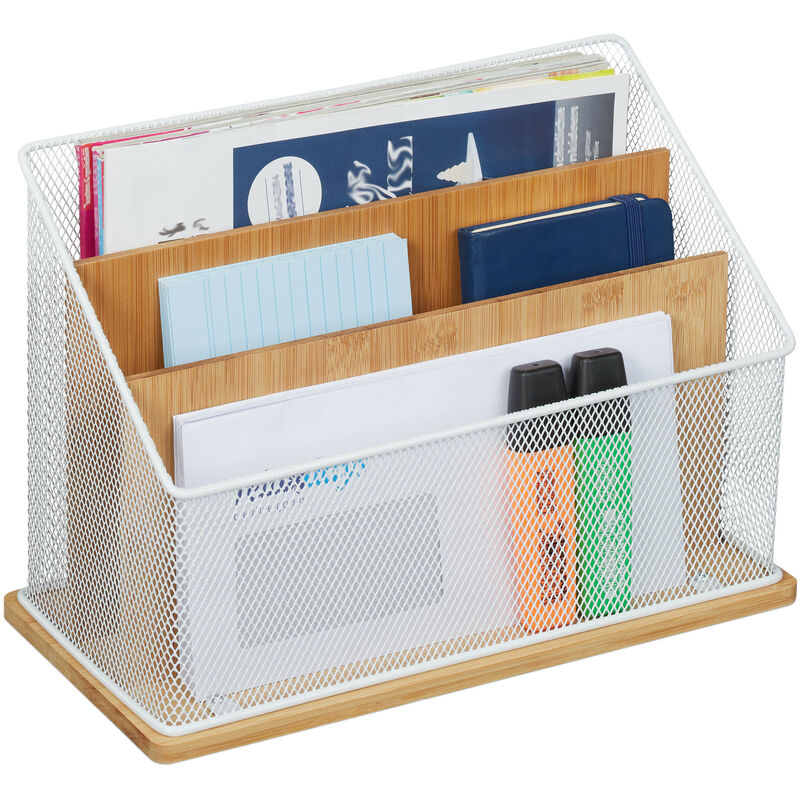 foto del prodotto organizer da scrivania, bamb e metallo, 3 scomparti portadocumenti, lettere, hlp 20x29x14 cm, naturale bianco relaxdays