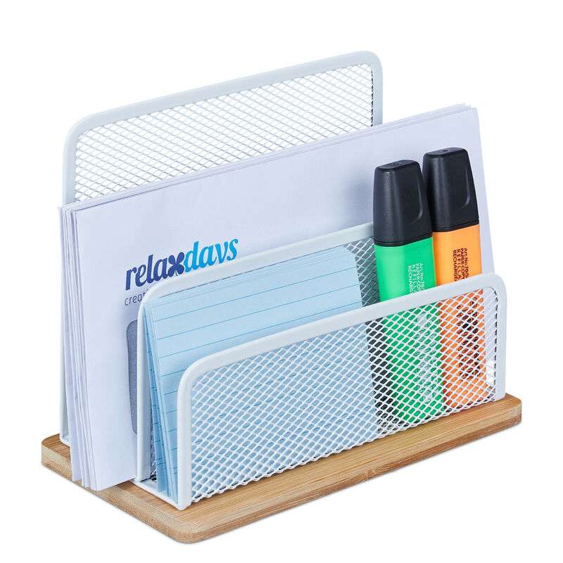 foto del prodotto organizer da scrivania, bamb e metallo, portadocumenti, 3 scomparti, hxlxp 15x18,5x10 cm, naturale bianco relaxdays