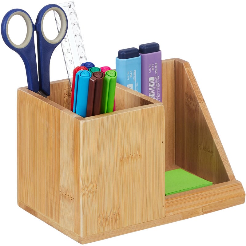 foto del prodotto organizer da scrivania, bamb , scomparto porta evidenziatori, portapenne da ufficio 10,5x17,5x10,5 cm, marrone relaxdays