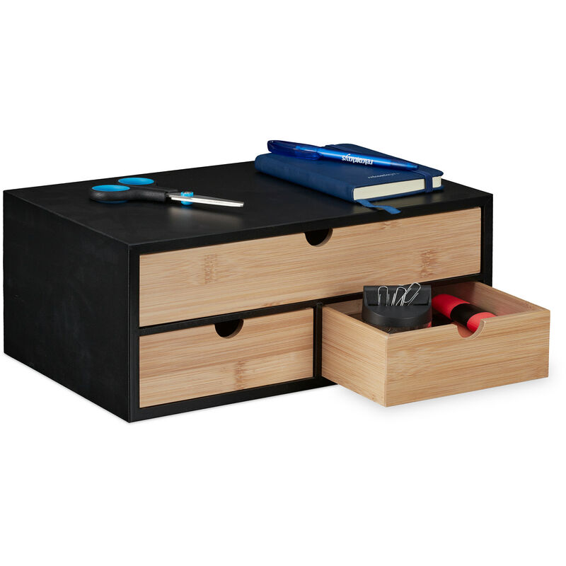 foto del prodotto organizer da scrivania con 3 cassetti in bamb e mdf, cassettiera da ufficio, hlp 13,5x33x21 cm, naturale nero relaxdays