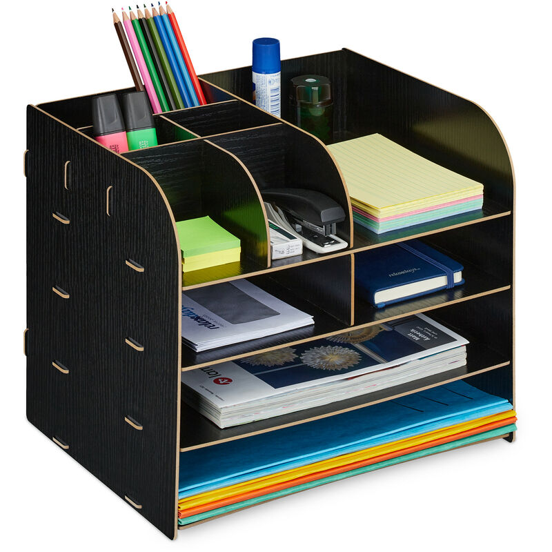 foto del prodotto organizer da scrivania con portadocumenti, 10 scomparti, hlp 27,5x32,5x25 cm, contenitore in mdf, nero relaxdays