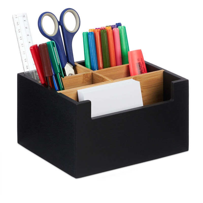 foto del prodotto organizer da scrivania, in bamb , 5 scomparti, portapenne da ufficio, box cosmetici, 9,5 x 18 x 15 cm, nero relaxdays