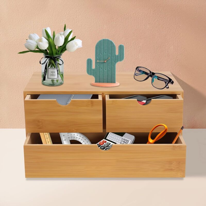 foto del prodotto organizer da scrivania in bamb con 3 cassetti, organizer da scrivania, per riporre collezioni di cosmetici, articoli da toeletta e forniture per