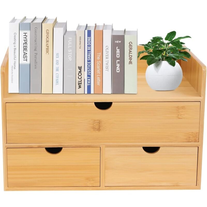 foto del prodotto organizer da scrivania in bamb con 3 cassetti, organizer per cassetti, ufficio, cassettiera naturale, 30 x 19 x 20 cm