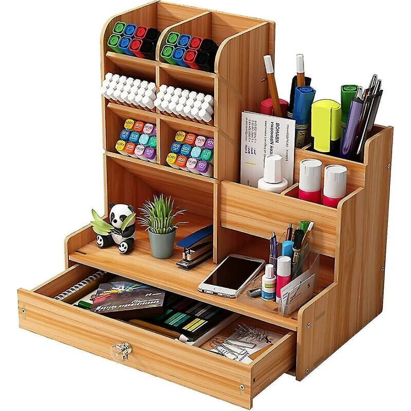 foto del prodotto organizer da scrivania in legno con portapenne da scrivania, grande capacit di stoccaggio per cancelleria con cassetto per casa, ufficio e scuola