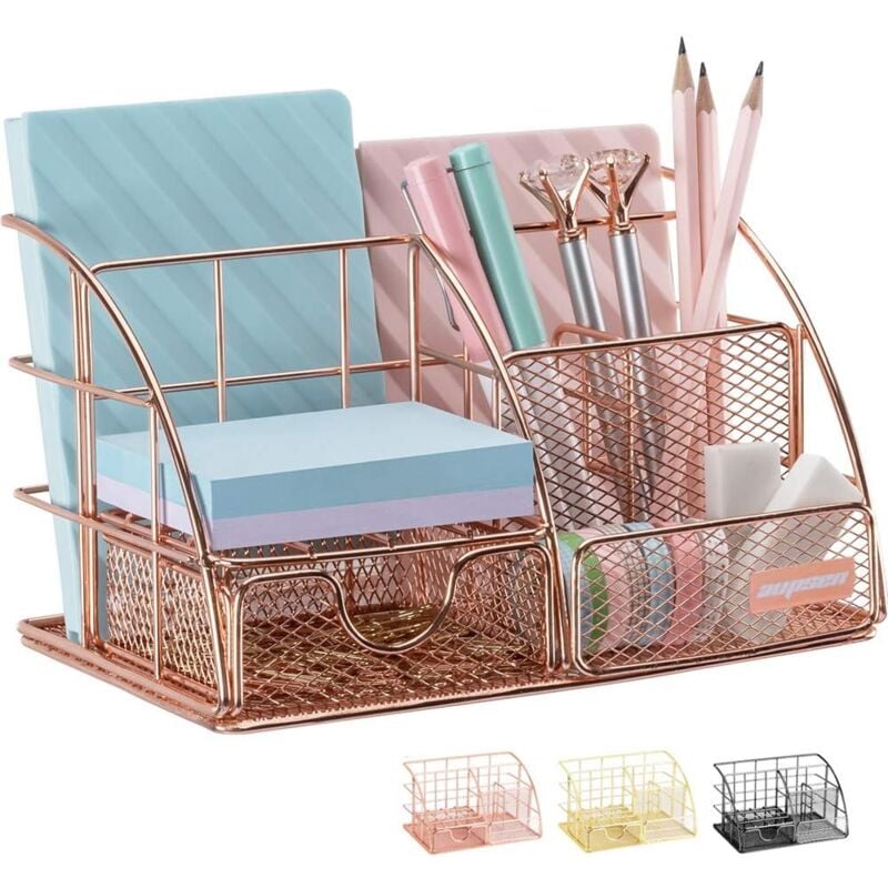 foto del prodotto organizer da scrivania in oro rosa per donna, articoli per ufficio in rete, accessori da scrivania, include 5 scomparti + 1 mini cassetto scorrevole