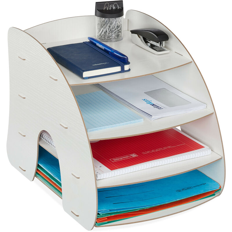 foto del prodotto organizer da scrivania portadocumenti, 4 scomparti portalettere a4, hlp 27x25,5x34,5 cm, mdf, ufficio, bianco relaxdays