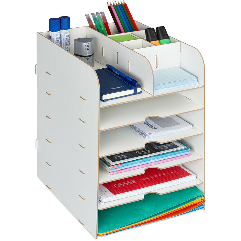 foto del prodotto organizer da scrivania, portapenne e portadocumenti, 12 scomparti, hlp 34,5 x 25 x 32 cm, in mdf, bianco relaxdays
