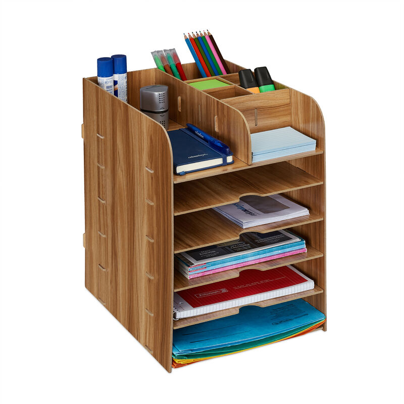 foto del prodotto organizer da scrivania, portapenne e portadocumenti, 12 scomparti, hlp 34,5x25x32 cm, in mdf, marrone scuro relaxdays
