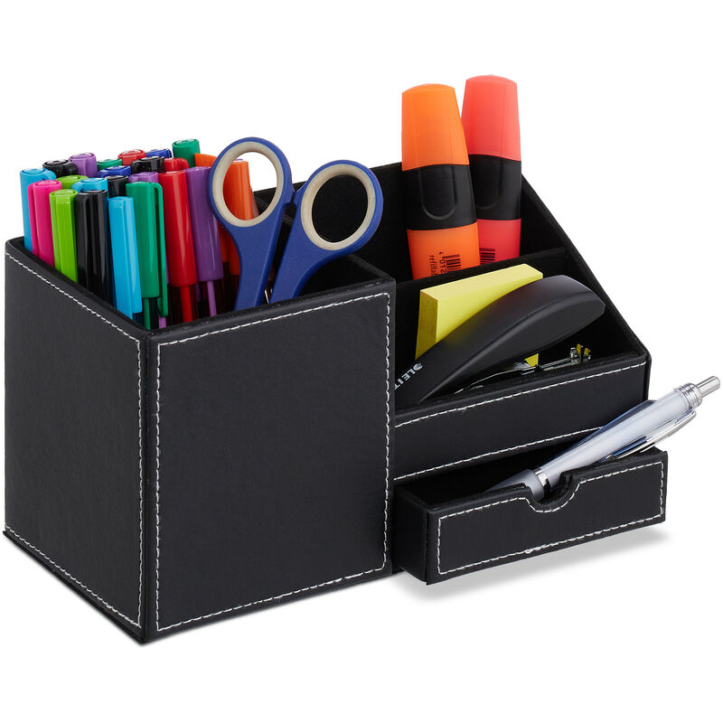 foto del prodotto organizer da scrivania, portapenne ufficio, 3 scomparti e cassetto, 12x22,5x11 cm, penne e matite, nero bianco relaxdays