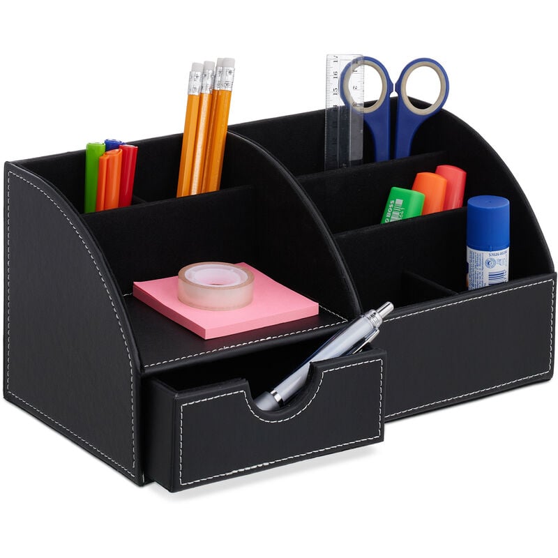 foto del prodotto organizer da scrivania, portapenne ufficio, 6 scomparti e cassetto, hlp 14x28,5x15 cm, penne e matite, nero relaxdays