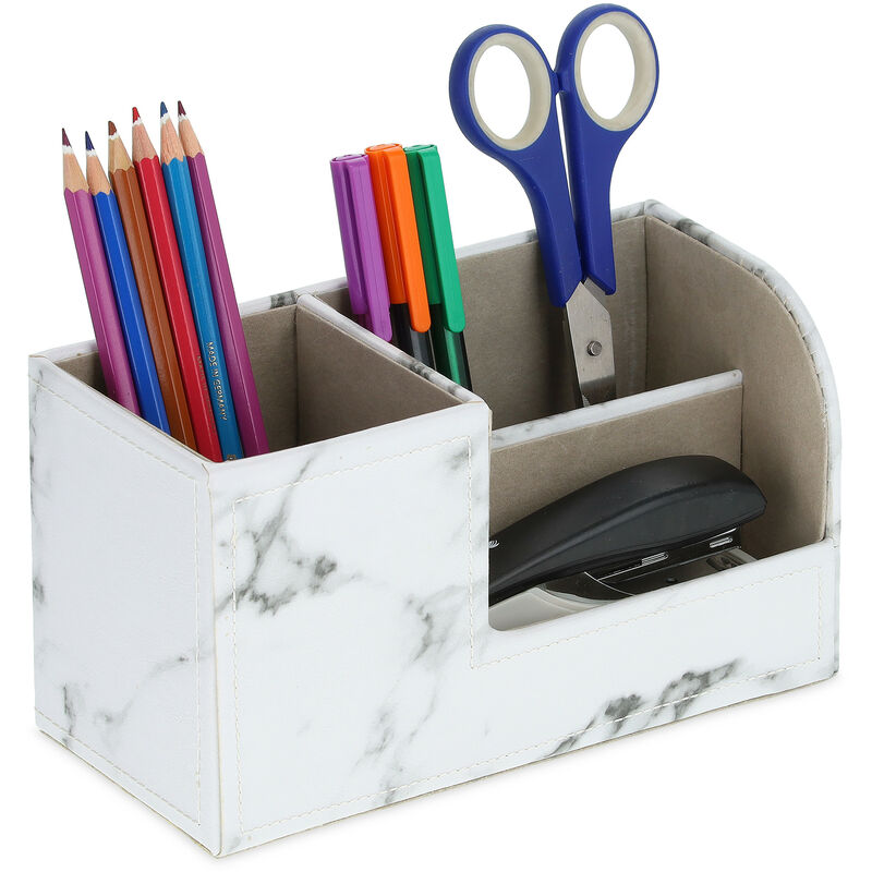 foto del prodotto organizer da scrivania ufficio, 3 scomparti portaoggetti, design marmo, portapenne, hlp 11x20x9 cm, bianco relaxdays
