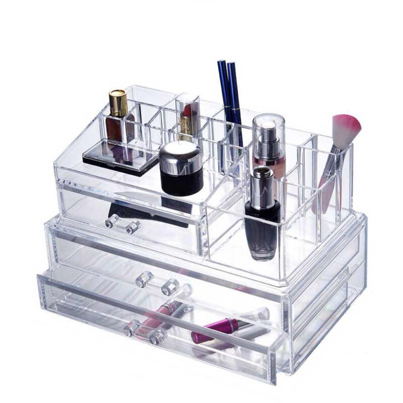 foto del prodotto organizer grande per trucchi e pennelli scatola trasparente con 3 cassetti e 15 scomparti organizzatore per cosmetici espositore 30 x 19.5 x 19 cm