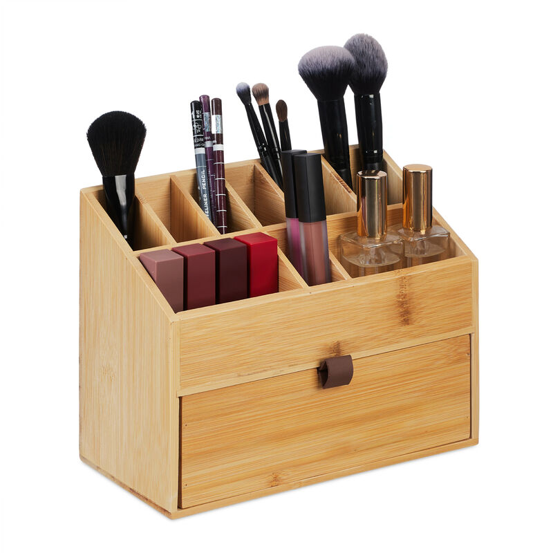 foto del prodotto organizer in bamb per cosmetici, porta trucchi, 19 x 25,5 x 12,5 cm, portapennelli e 1 cassetto, naturale relaxdays