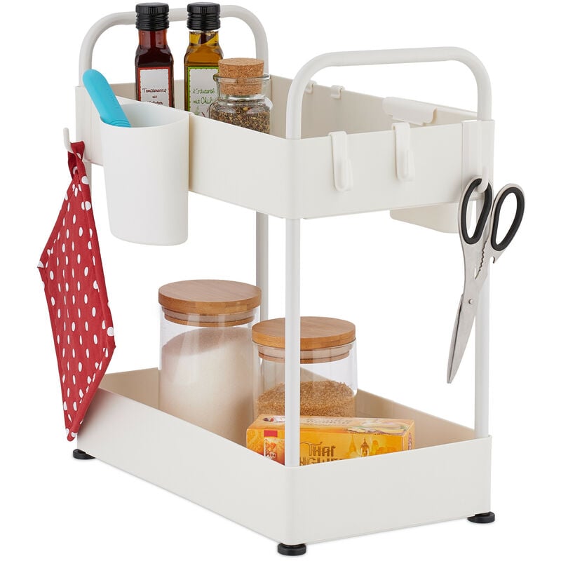foto del prodotto organizer mobile sottolavello, scaffale a 2 ripiani con 6 ganci e 2 supporti portatazze, 42,5x22x40 cm, bianco relaxdays