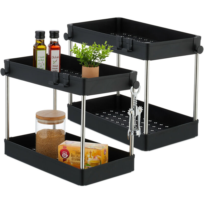 foto del prodotto organizer mobile sottolavello, set da 2 scaffali a 2 ripiani, 4 ganci, prodotti pulizia, hlp 32x40x22 cm, nero relaxdays