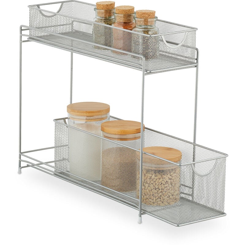 foto del prodotto organizer per armadietti cucina, organizzatore estraibile, 2 cestelli, in metallo, 40 x 15 x 46 cm, argentato relaxdays