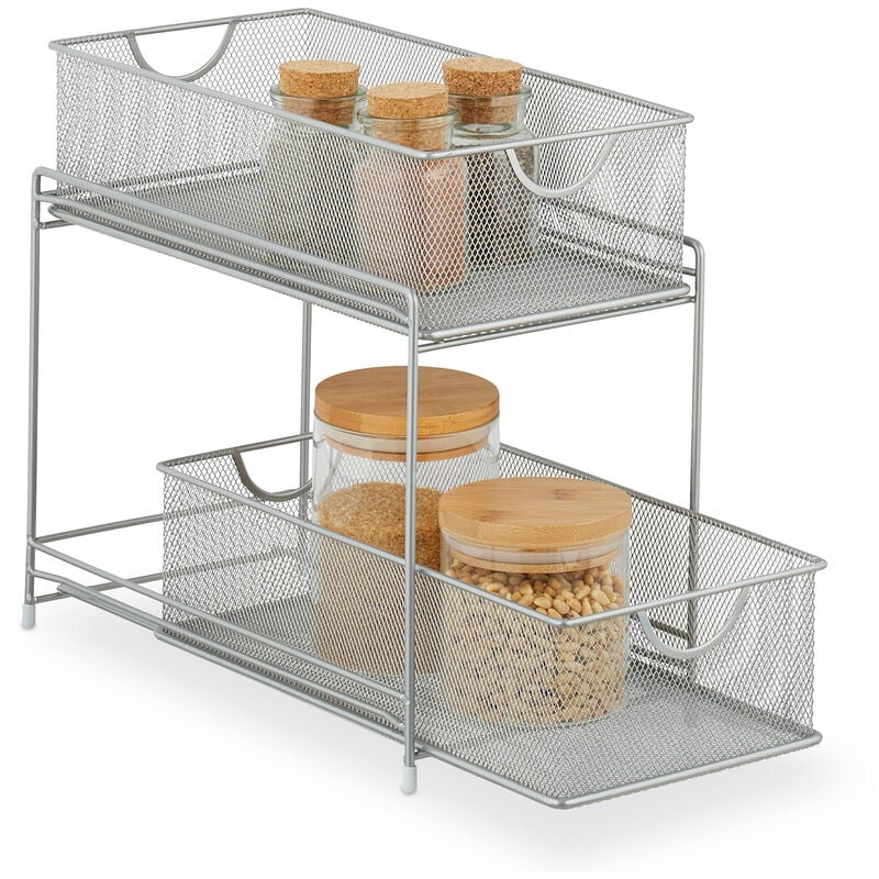 foto del prodotto organizer per armadietti cucina, organizzatore estraibile in metallo, 2 cestelli, 32 x 19 x 35,5 cm, argentato relaxdays