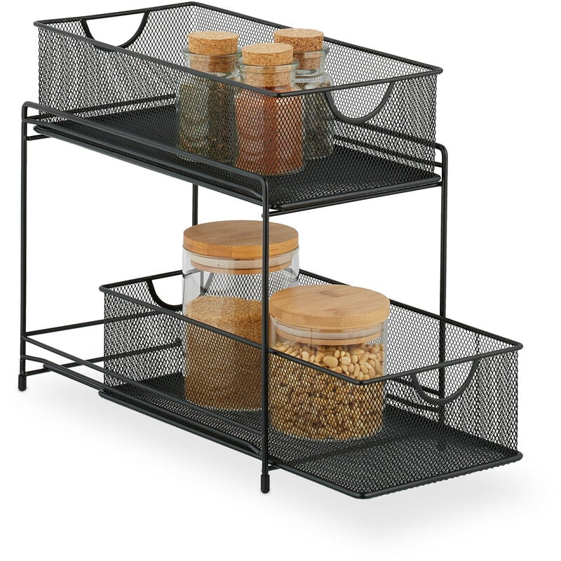 foto del prodotto organizer per armadietti cucina, organizzatore estraibile in metallo, 2 cestelli, 32 x 19 x 35,5 cm, nero relaxdays