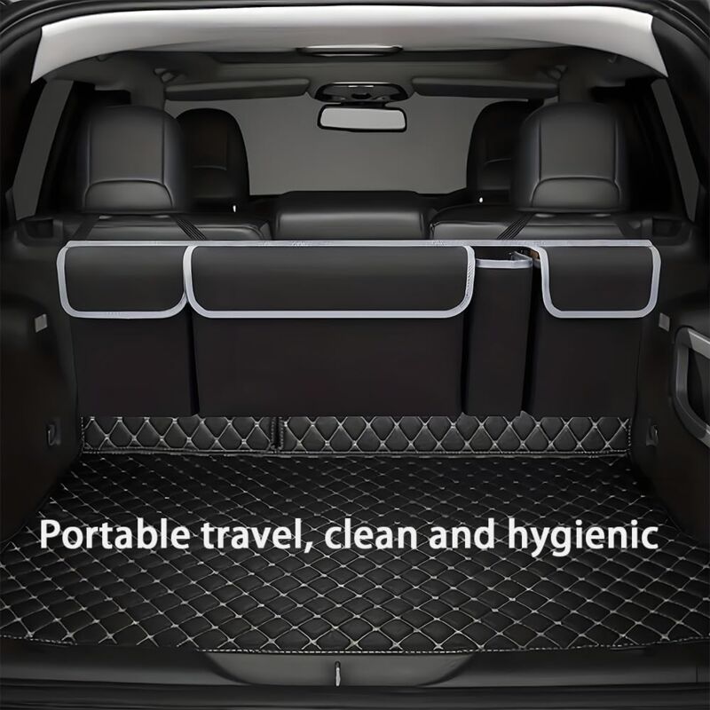 foto del prodotto organizer per bagagliaio auto 90 x 25 cm borsa portaoggetti per sedile posteriore con 4 tasche pieghevole e impermeabile nero