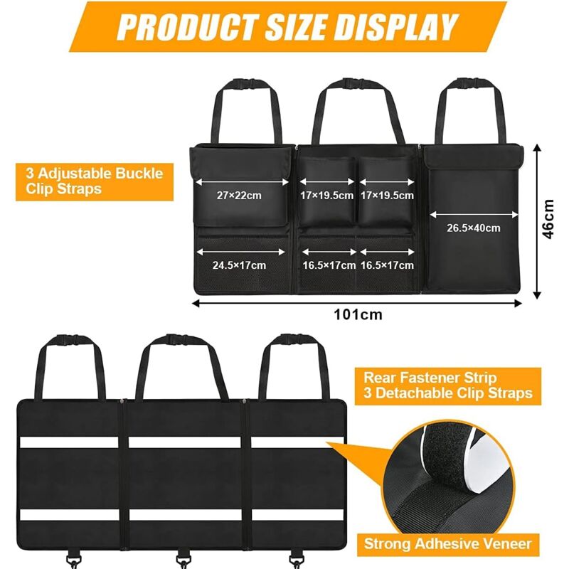 foto del prodotto organizer per bagagliaio auto, borsa portaoggetti pieghevole multiuso staccabile e super capiente con 7 tasche e cinturino regolabile per suv ecc.