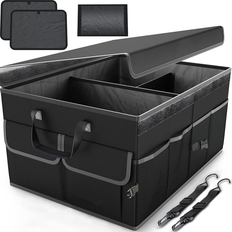 foto del prodotto organizer per bagagliaio auto, pieghevole, scomparti multipli, contenitore pieghevole per accessori auto, fondo antiscivolo, cinghie di sicurezza,