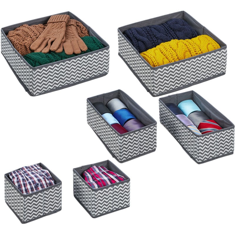 foto del prodotto organizer per cassetti, set da 6 scatole portaoggetti per armadio, cestini in 3 grandezze, grigio bianco relaxdays