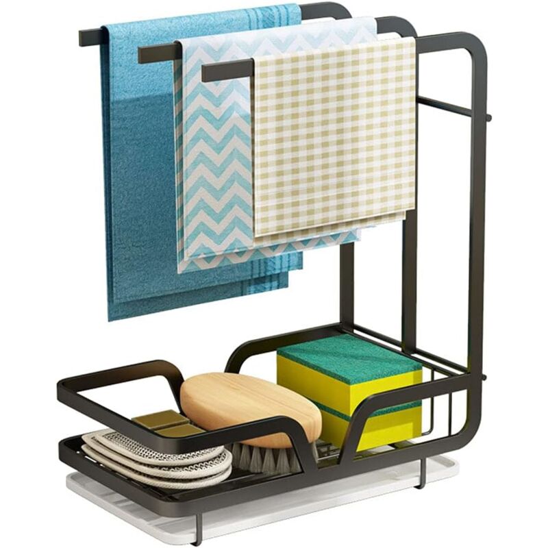 foto del prodotto organizer per lavandino porta asciugamani da parete, porta spugna e porta scopino con vaschetta raccogli gocce per cucina e bagno nero 