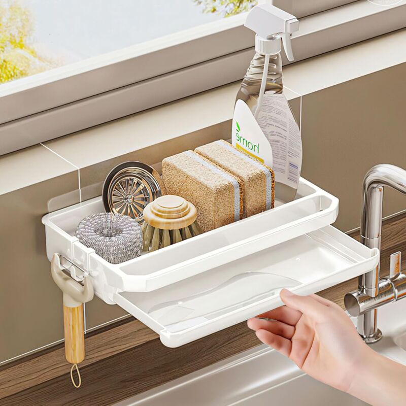foto del prodotto organizer per lavello da cucina, porta spugna per lavello da cucina, porta sapone in abs autoadesivo, scolapiatti multifunzione con 2 ganci, ripiano