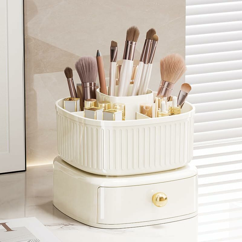 foto del prodotto organizer per trucchi girevole a 360 con cassetto, organizer per cosmetici e profumi premium perfetto per rossetti, pennelli e bagno, camera da
