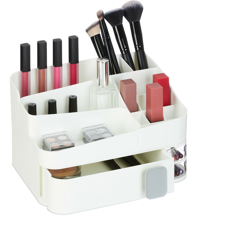 foto del prodotto organizer per trucchi, organizzatore make up con 18 scomparti cosmetici, in plastica, 15 x 26 x 21 cm, bianco relaxdays