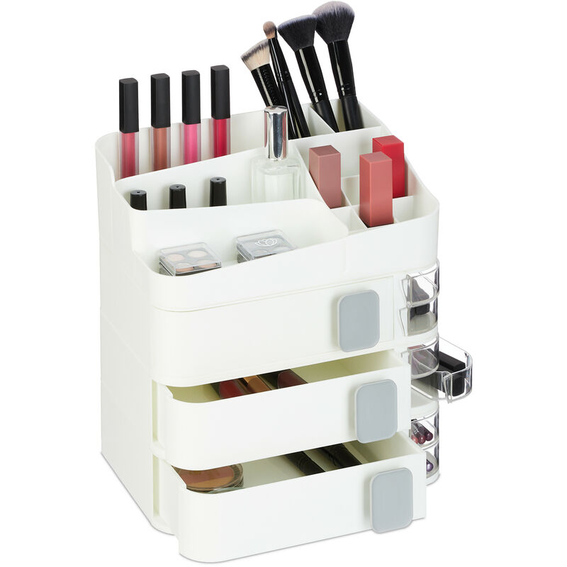 foto del prodotto organizer per trucchi, organizzatore make up con 24 scomparti cosmetici, in plastica, 27,5x26x21 cm, bianco relaxdays