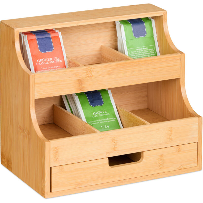 foto del prodotto organizer porta t con 9 scomparti per bustine di tisane, cassetto, hlp 24 x 27 x 17 cm, in bamb , naturale relaxdays
