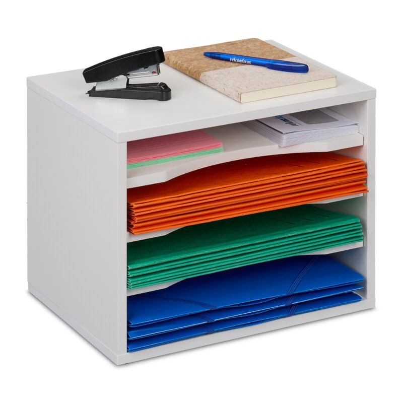 foto del prodotto organizer portadocumenti, 4 ripiani porta lettere e documenti a4, hlp 28x35,5x25 cm, fibra di legno, bianco relaxdays