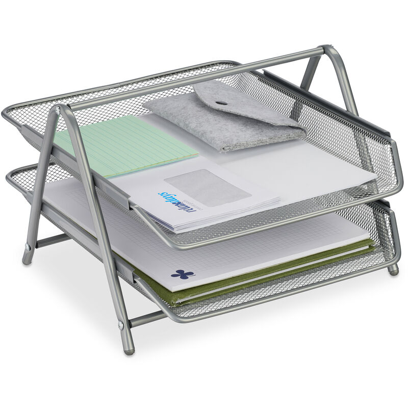 foto del prodotto organizer portadocumenti con 2 vaschette, portalettere a4, hlp 20,5x30x35,5 cm, rete in acciaio, argentato relaxdays